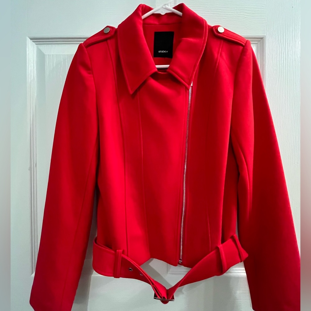 Studio F Red Women's Belted Zippered Blazer Jacket